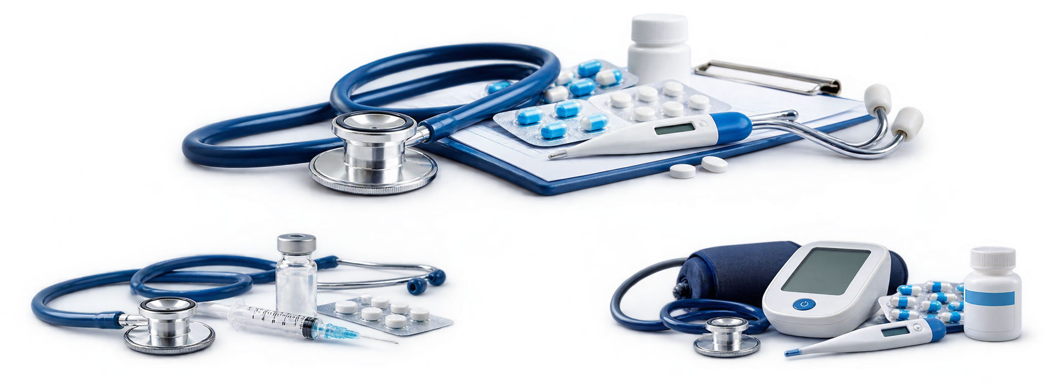 Matériel médical : stéthoscope, tensiomètre et médicaments